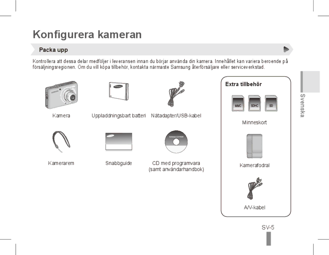 Samsung ST50 quick start manual Konfigurera kameran, SV-5, Packa upp, Extra tillbehör 