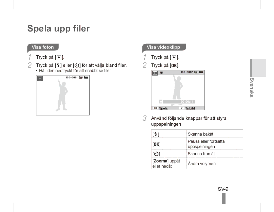 Samsung ST50 quick start manual Spela upp filer, SV-9, Visa foton, Visa videoklipp 