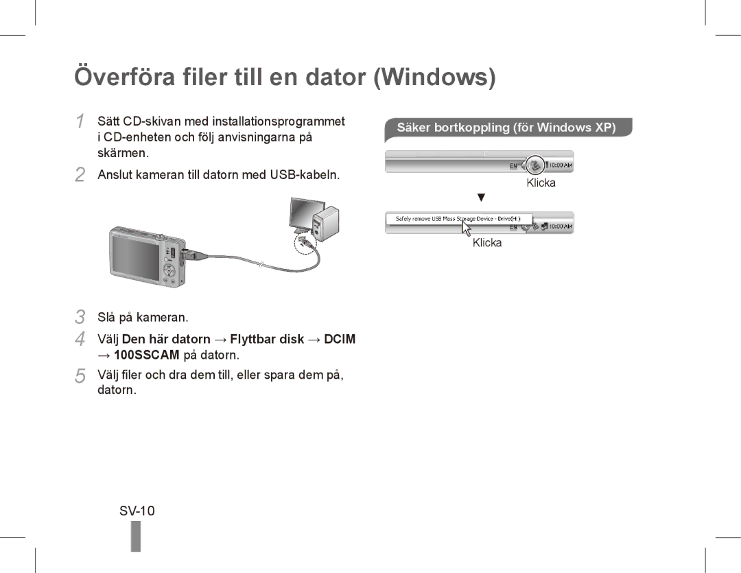 Samsung ST50 quick start manual Överföra filer till en dator Windows, SV-10, Säker bortkoppling för Windows XP 