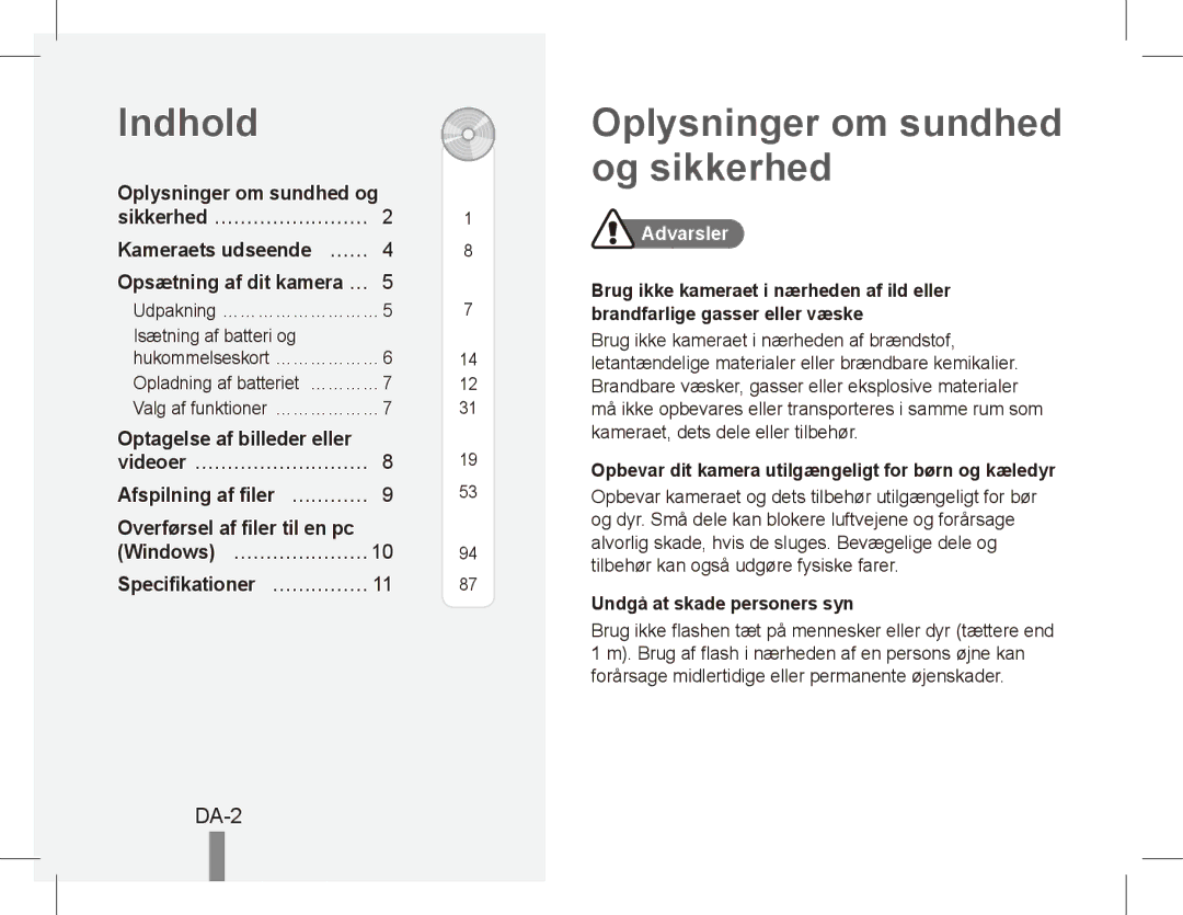 Samsung ST50 quick start manual Indhold, Oplysninger om sundhed og sikkerhed, DA-2, Advarsler 