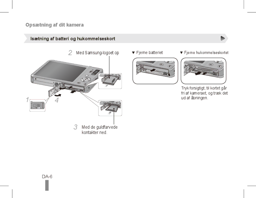 Samsung ST50 quick start manual DA-6, Isætning af batteri og hukommelseskort, Med Samsung-logoet op 