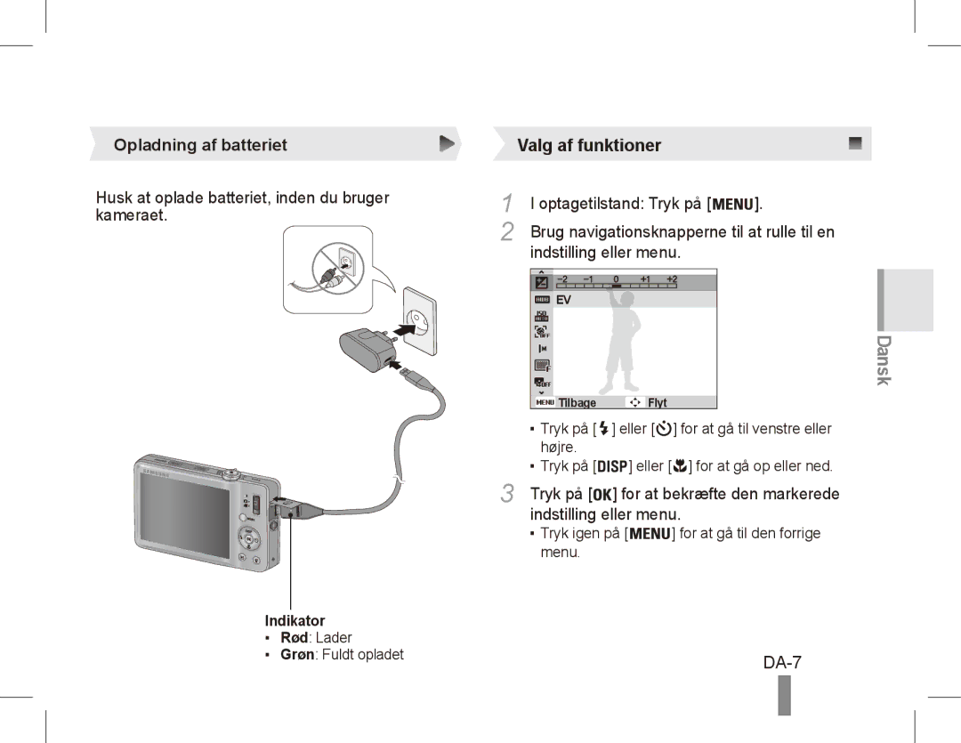 Samsung ST50 quick start manual DA-7, Opladning af batteriet 