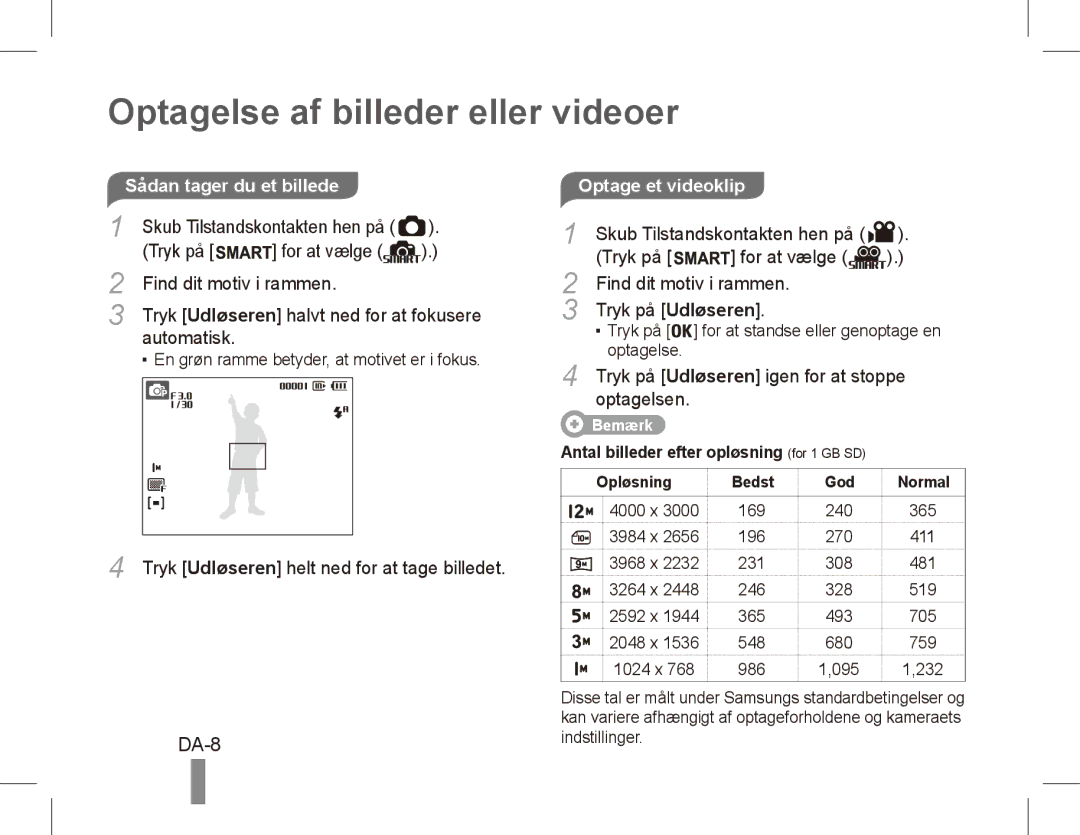 Samsung ST50 quick start manual Optagelse af billeder eller videoer, DA-8, Optage et videoklip 