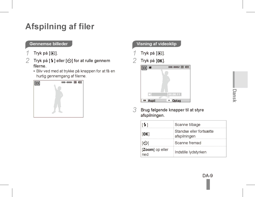 Samsung ST50 quick start manual Afspilning af filer, DA-9, Visning af videoklip 