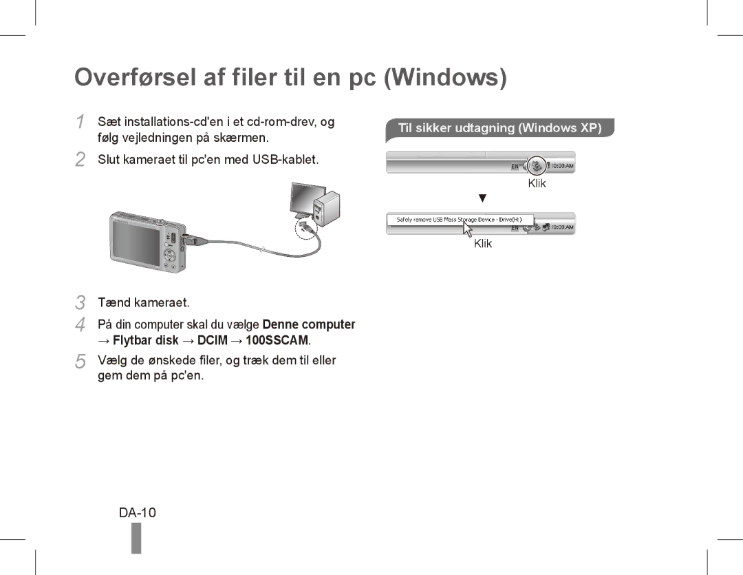 Samsung ST50 quick start manual Overførsel af filer til en pc Windows, DA-10, Til sikker udtagning Windows XP 