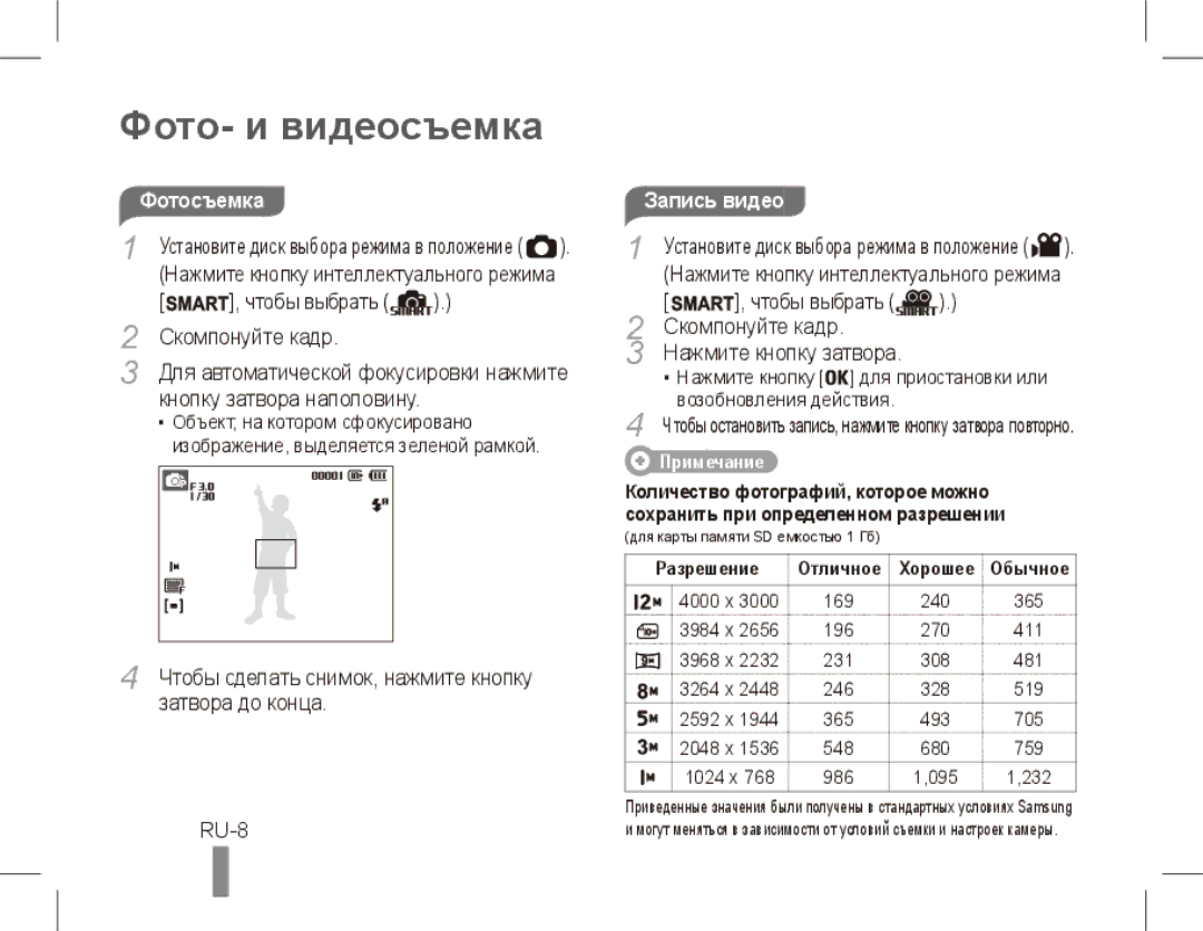 Samsung ST50 quick start manual Фото- и видеосъемка, RU-8, Чтобы выбрать Скомпонуйте кадр, Затвора до конца 