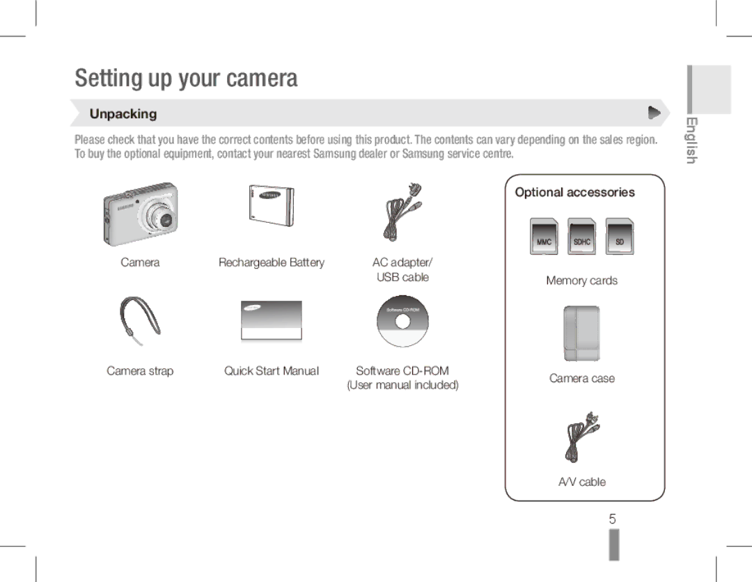 Samsung ST50 quick start manual Unpacking, Optional accessories 