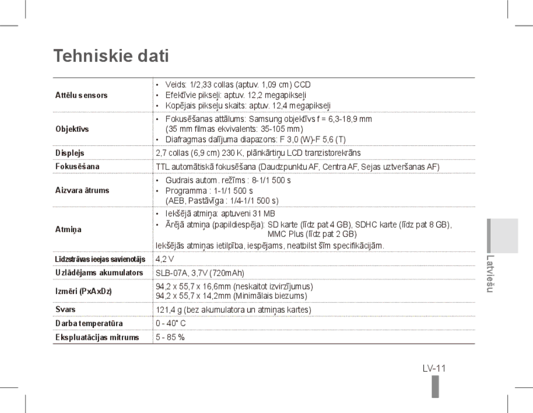 Samsung ST50 quick start manual Tehniskie dati, LV-11, Izmēri PxAxDz Svars 