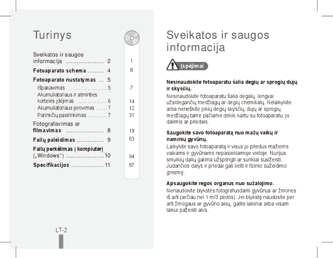 Samsung ST50 quick start manual Turinys, Sveikatos ir saugos informacija, LT-2, Įspėjimai 