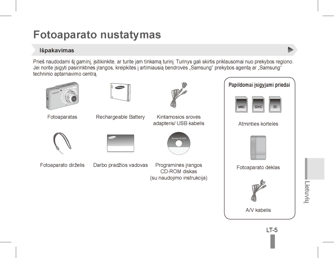 Samsung ST50 quick start manual Fotoaparato nustatymas, LT-5, Išpakavimas, Papildomai įsigyjami priedai 