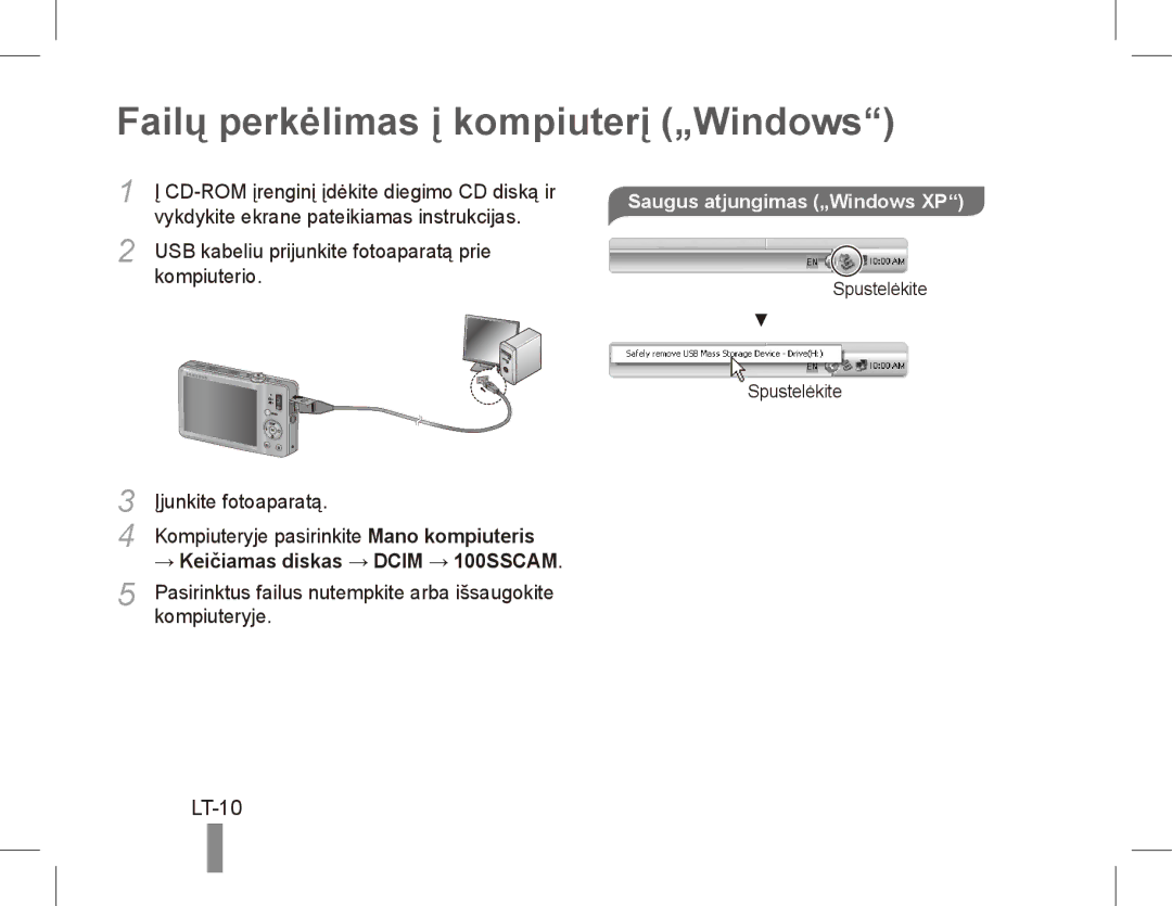 Samsung ST50 quick start manual Failų perkėlimas į kompiuterį „Windows, LT-10, Saugus atjungimas „Windows XP 