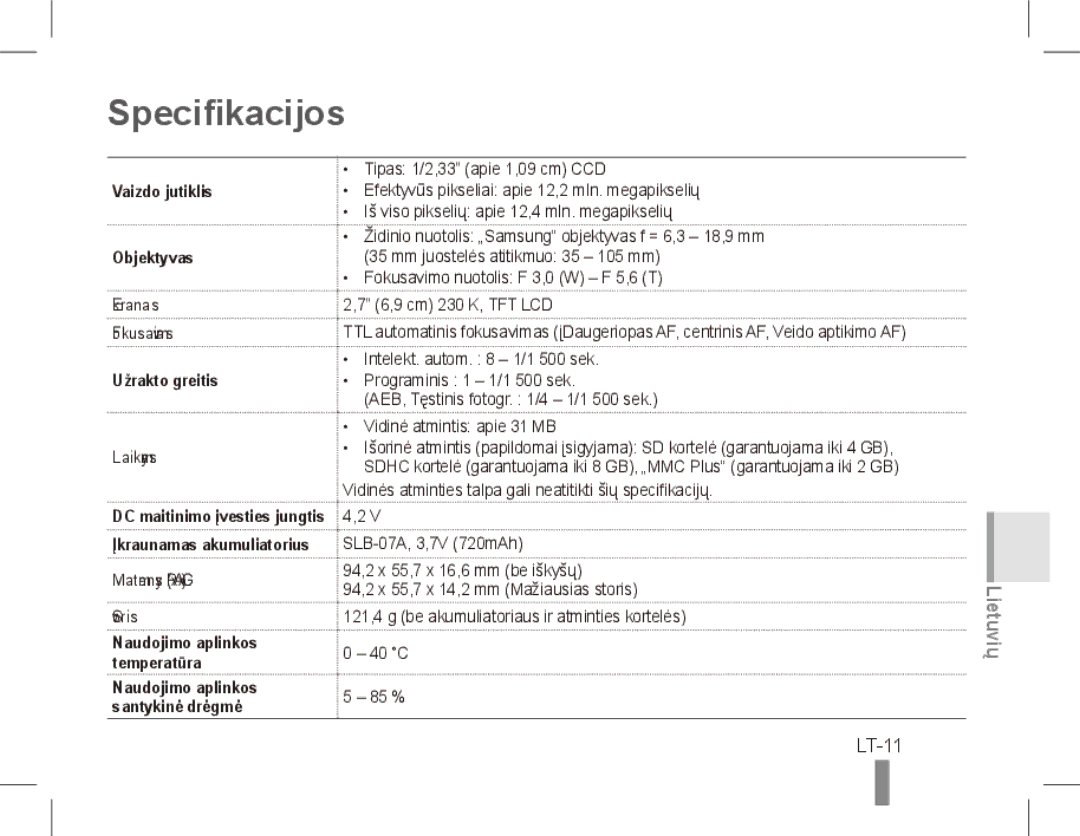 Samsung ST50 quick start manual Specifikacijos, LT-11, Matmenys P x a x G Svoris 