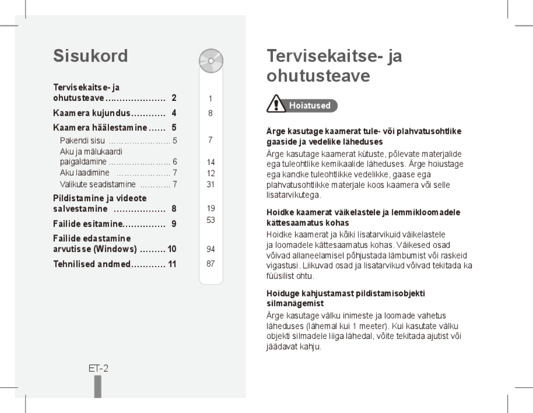 Samsung ST50 quick start manual Sisukord, Tervisekaitse- ja ohutusteave, ET-2, Tehnilised andmed…………, Hoiatused 