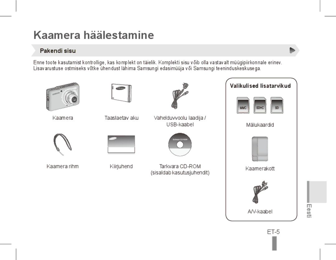 Samsung ST50 quick start manual Kaamera häälestamine, ET-5, Pakendi sisu 