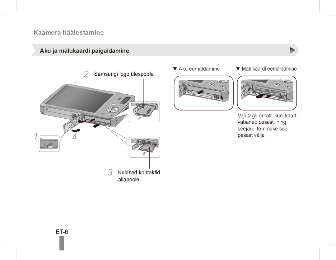 Samsung ST50 quick start manual ET-6, Aku ja mälukaardi paigaldamine, Samsungi logo ülespoole, Kuldsed kontaktid allapoole 