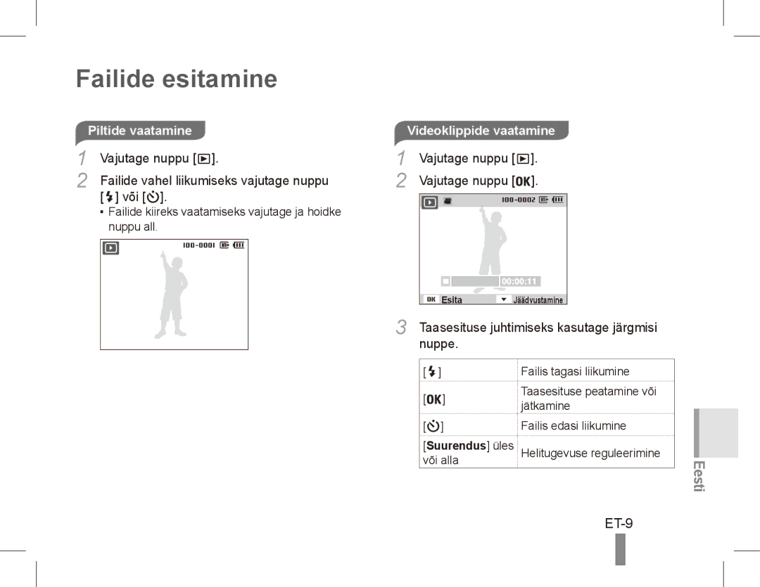 Samsung ST50 quick start manual Failide esitamine, ET-9, Videoklippide vaatamine 