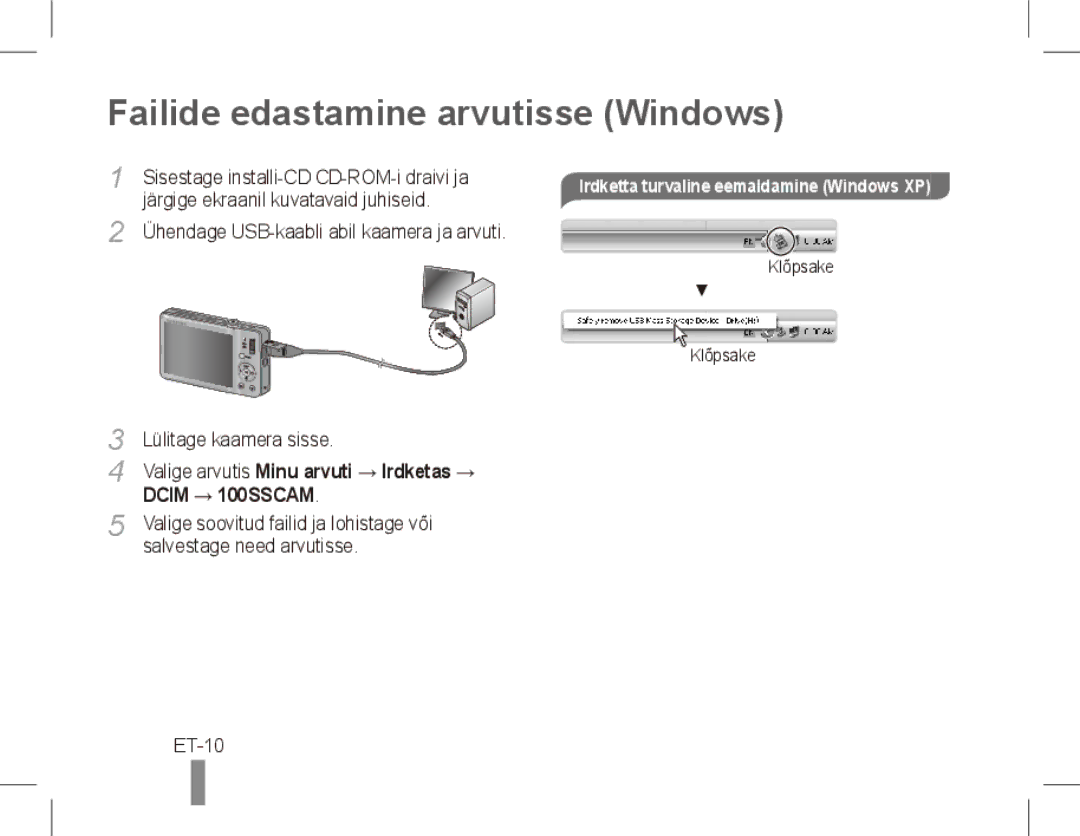 Samsung ST50 quick start manual Failide edastamine arvutisse Windows, ET-10, Irdketta turvaline eemaldamine Windows XP 