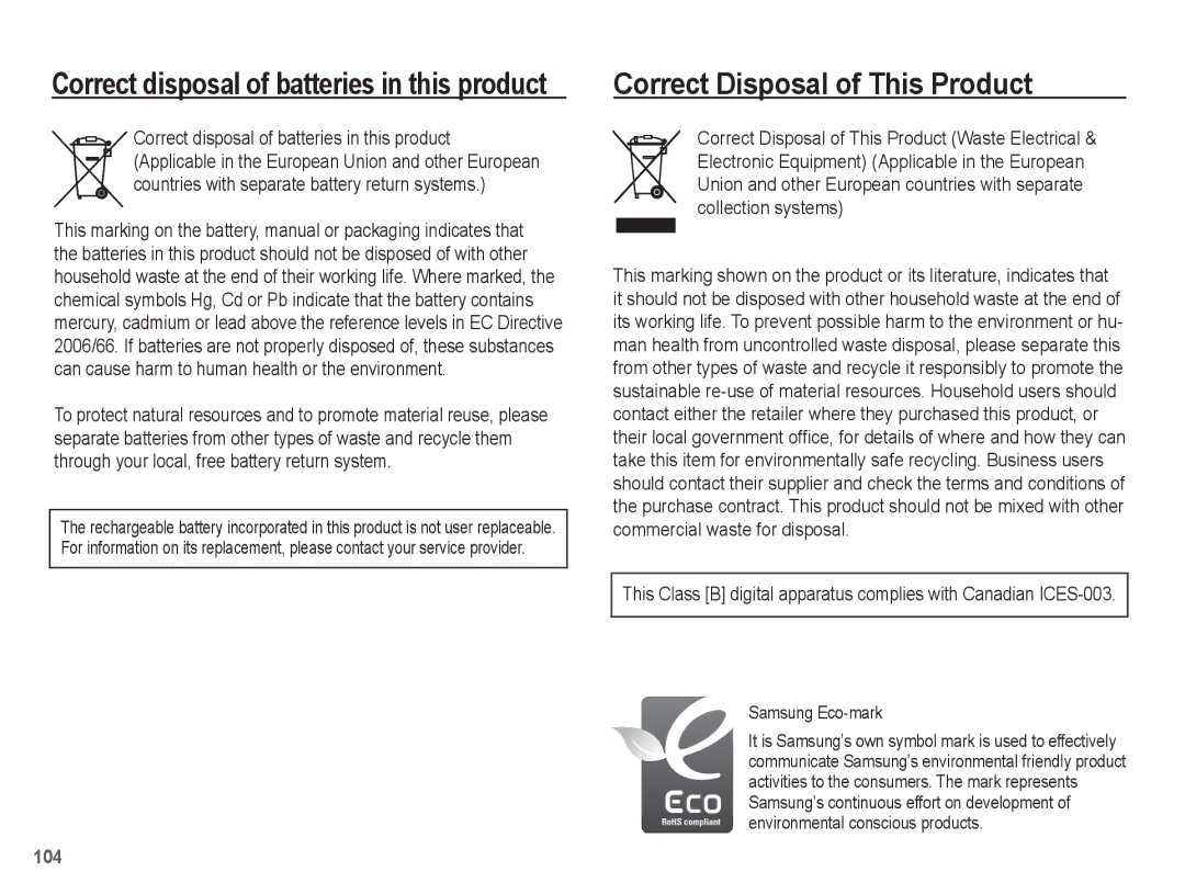 Samsung ST50 user manual Correct Disposal of This Product, Correct disposal of batteries in this product 