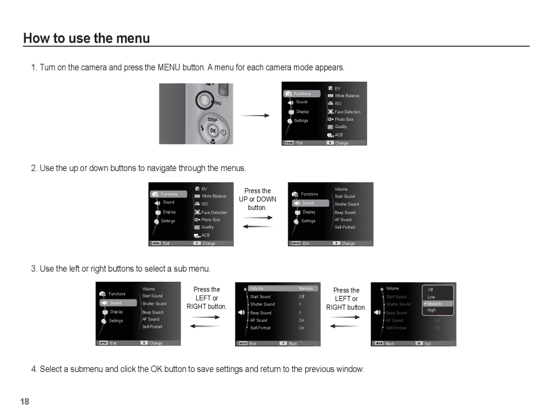 Samsung ST50 user manual How to use the menu, Use the up or down buttons to navigate through the menus 