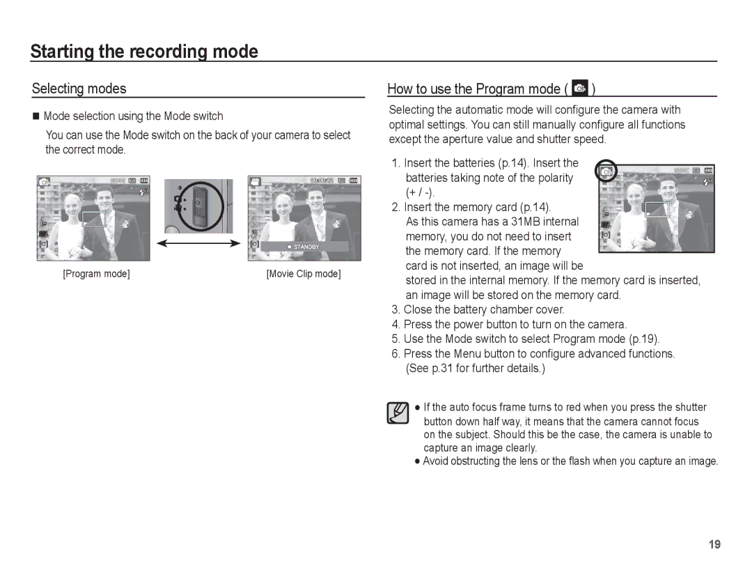 Samsung ST50 user manual Starting the recording mode, Selecting modes, How to use the Program mode 