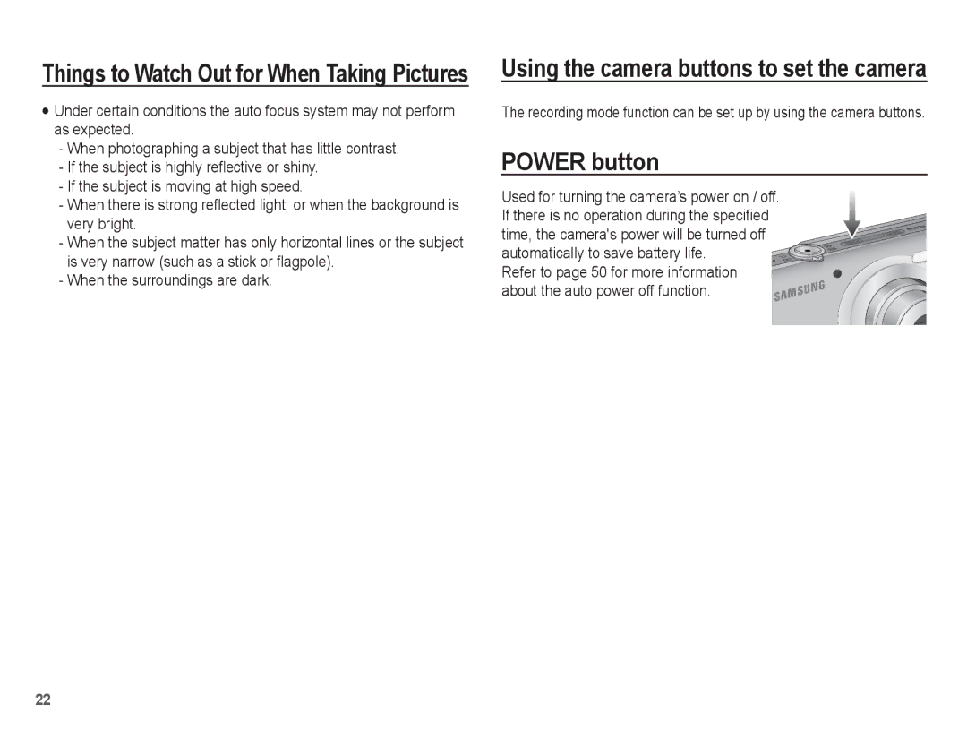 Samsung ST50 user manual Power button 