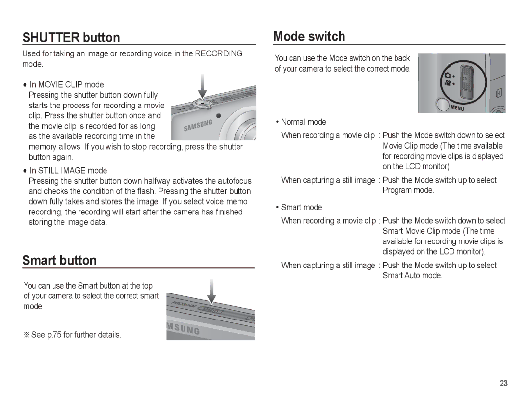 Samsung ST50 user manual Shutter button, Smart button, Mode switch, Normal mode 