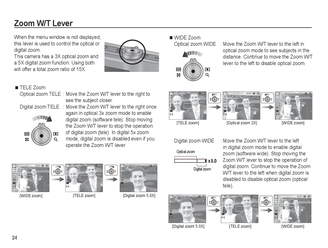 Samsung ST50 user manual Zoom W/T Lever, Wide Zoom, Digital zoom Wide 