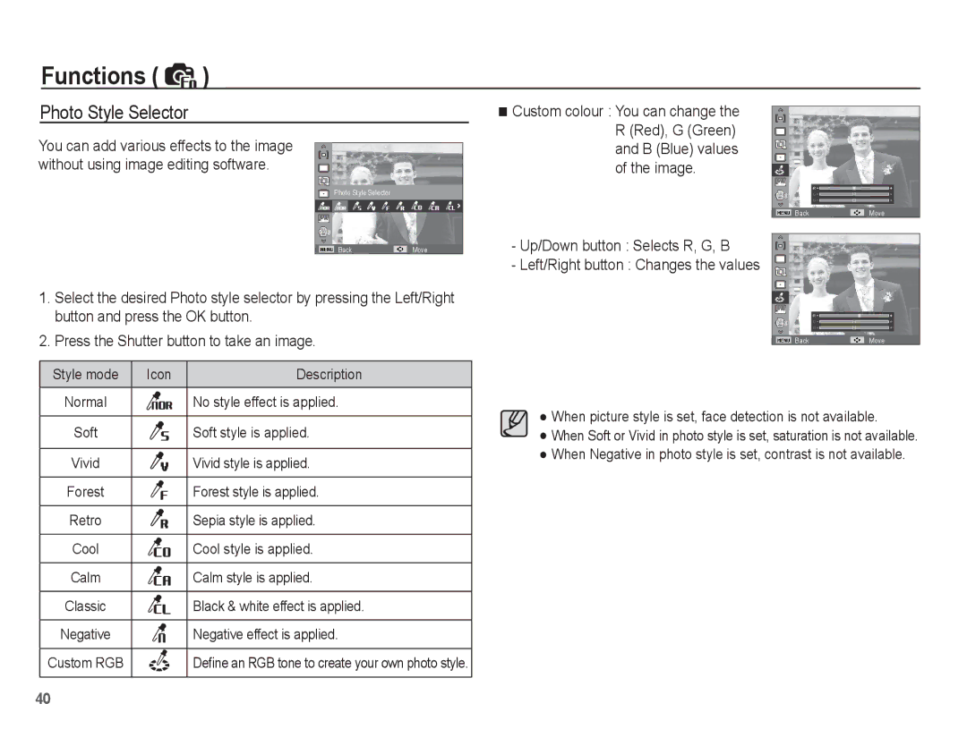 Samsung ST50 user manual Photo Style Selector, Up/Down button Selects R, G, B 