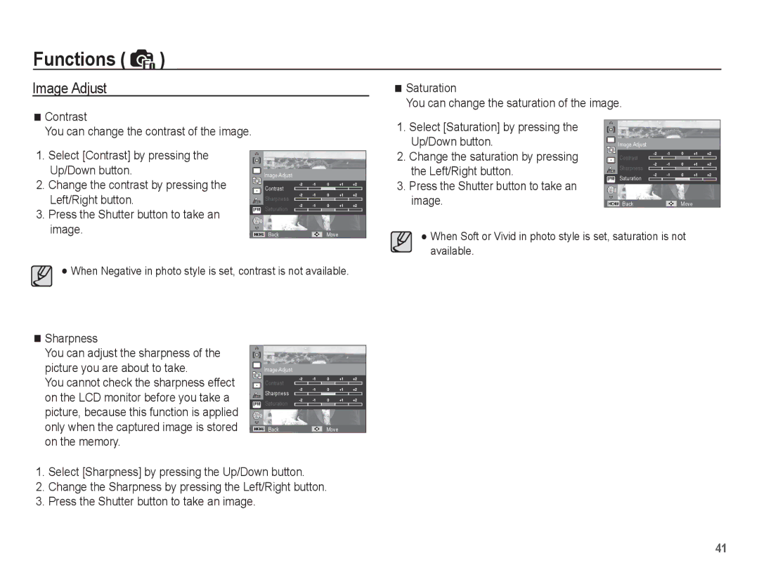 Samsung ST50 user manual Image Adjust, Up/Down button, Left/Right button, Sharpness 