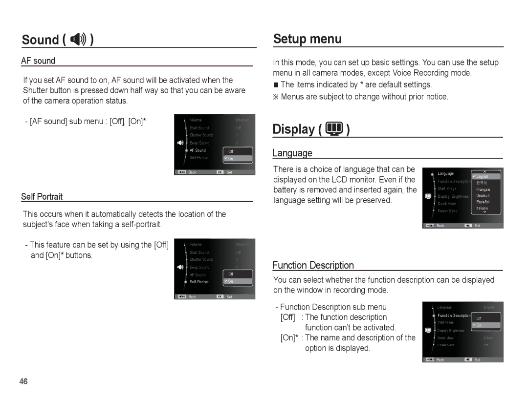 Samsung ST50 user manual Setup menu, Display, Language, Function Description 