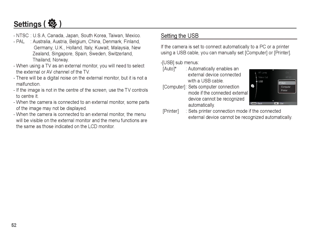 Samsung ST50 user manual Setting the USB, USB sub menus Auto Automatically enables an, With a USB cable, Printer 