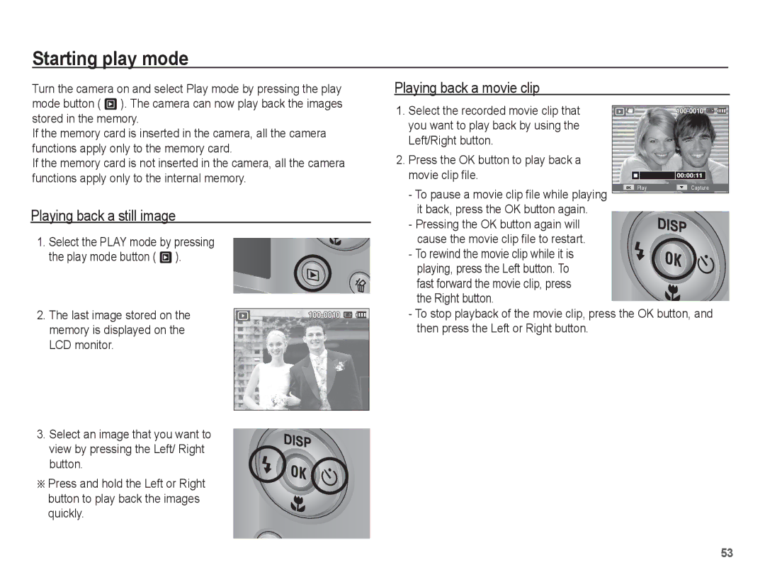 Samsung ST50 Starting play mode, Playing back a still image, Playing back a movie clip, It back, press the OK button again 