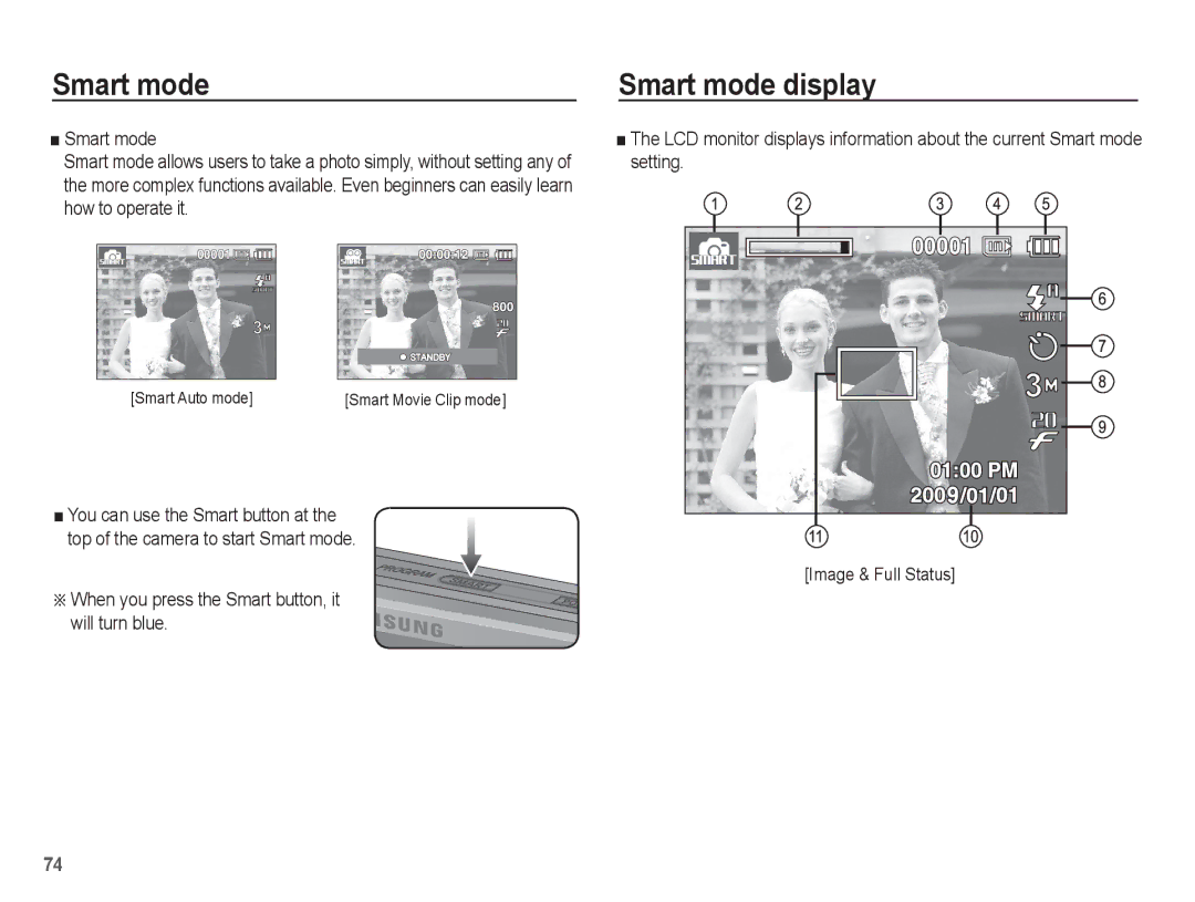 Samsung ST50 user manual Smart mode display, ÄWhen you press the Smart button, it will turn blue, Smart Auto mode 