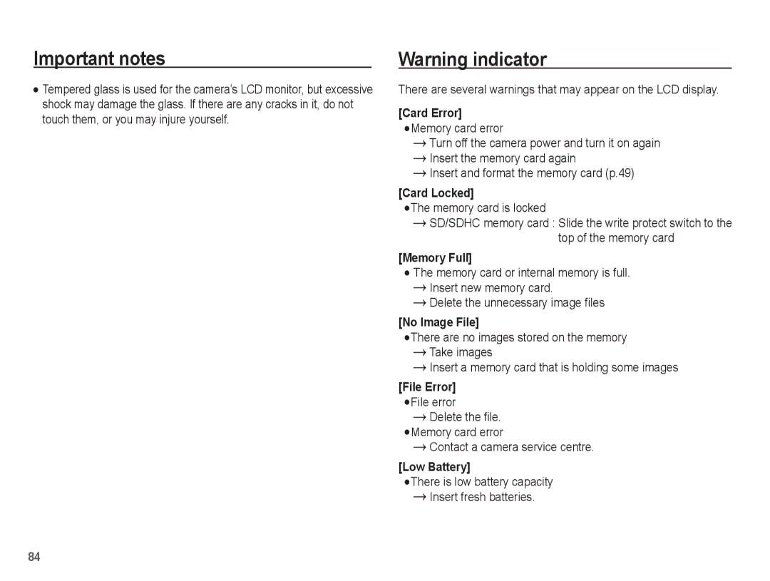 Samsung ST50 user manual Memory card is locked, There is low battery capacity Insert fresh batteries 