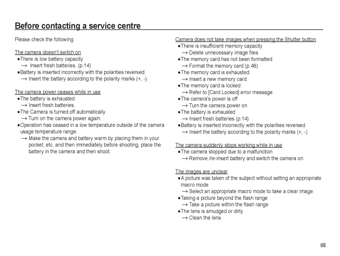 Samsung ST50 user manual Before contacting a service centre, Please check the following, Insert fresh batteries. p.14 