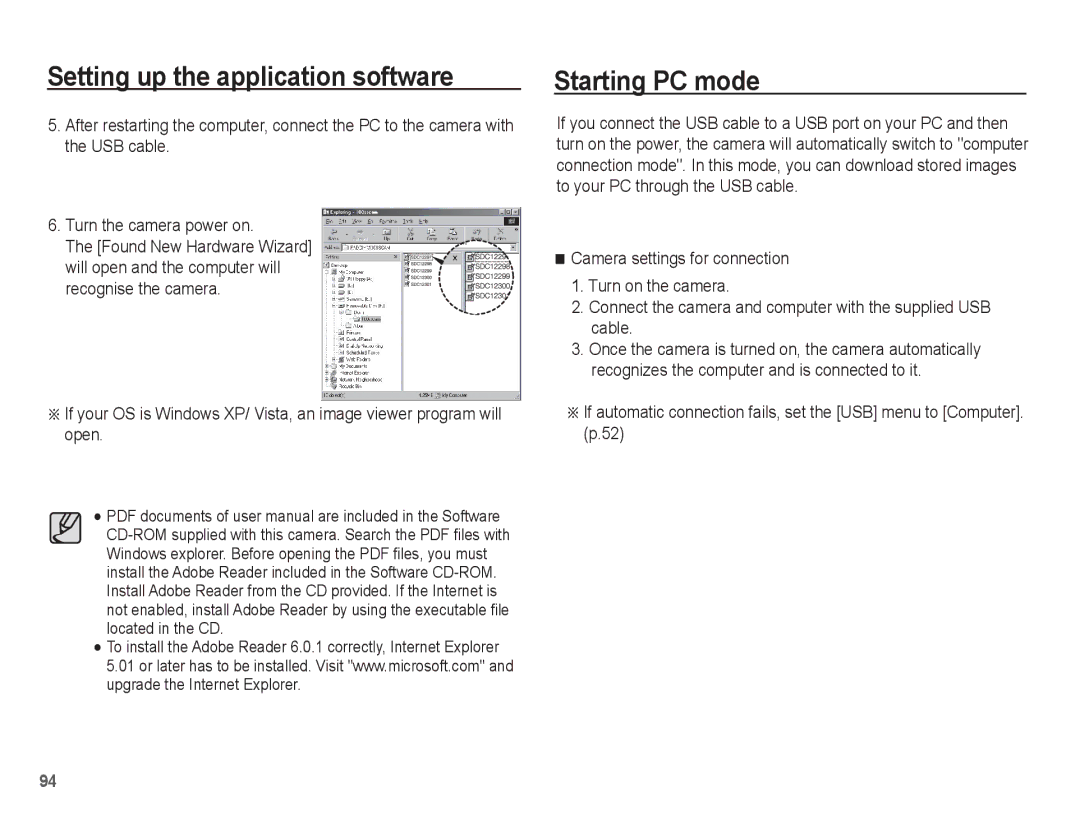 Samsung ST50 user manual Starting PC mode, Will open and the computer will recognise the camera 