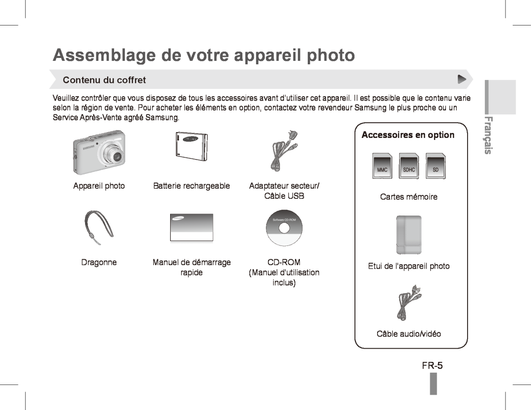 Samsung ST50 Assemblage de votre appareil photo, FR-5, Contenu du coffret, Accessoires en option, Français 