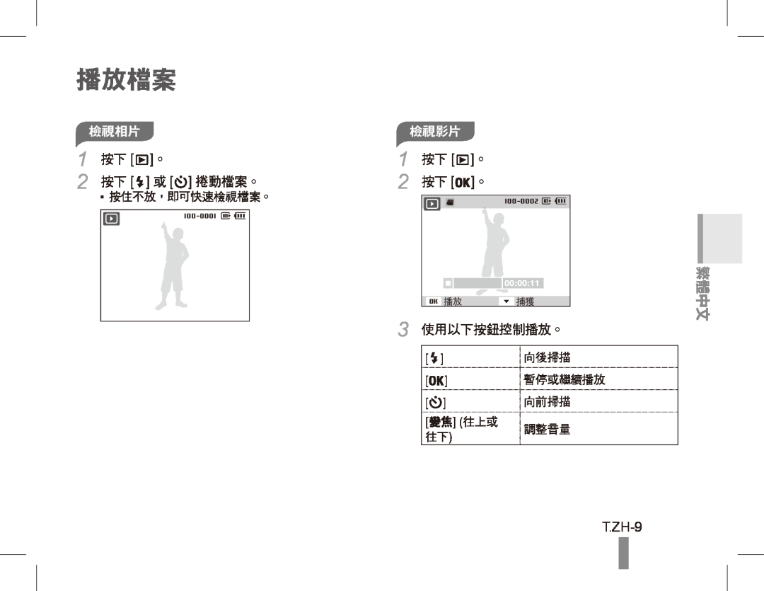 Samsung ST50 quick start manual 播放檔案, T.ZH-9, 檢視相片, 捲動檔案。, 檢視影片, 1 按下 。 2 按下 。, 3 使用以下按鈕控制播放。, 繁體中文 
