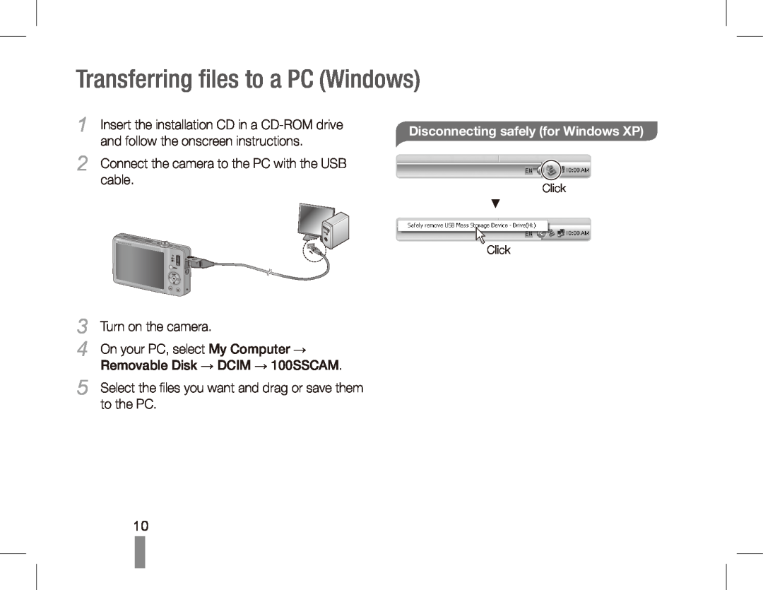 Samsung ST50 Transferring files to a PC Windows, Disconnecting safely for Windows XP, cable, Turn on the camera 