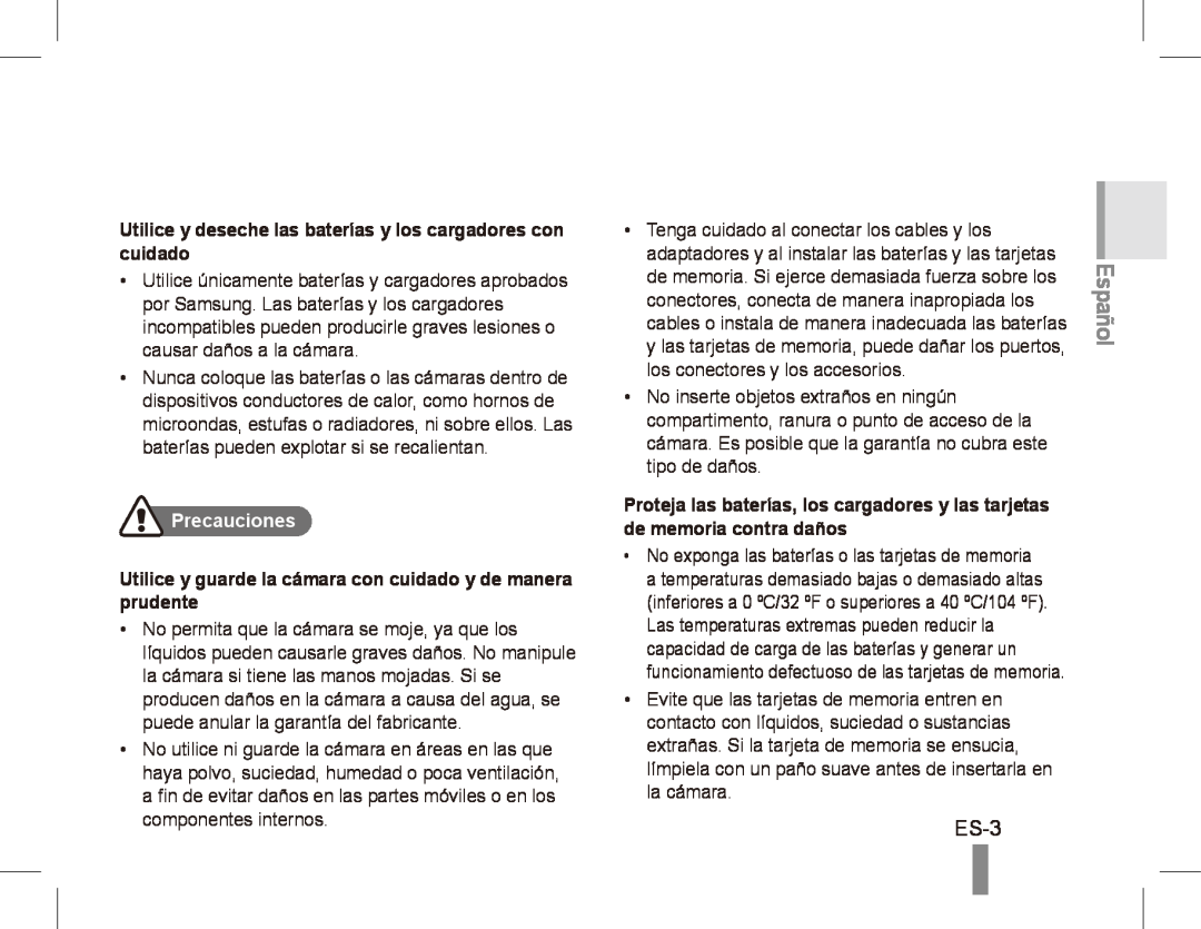 Samsung ST50 quick start manual ES-3, Español, Precauciones 
