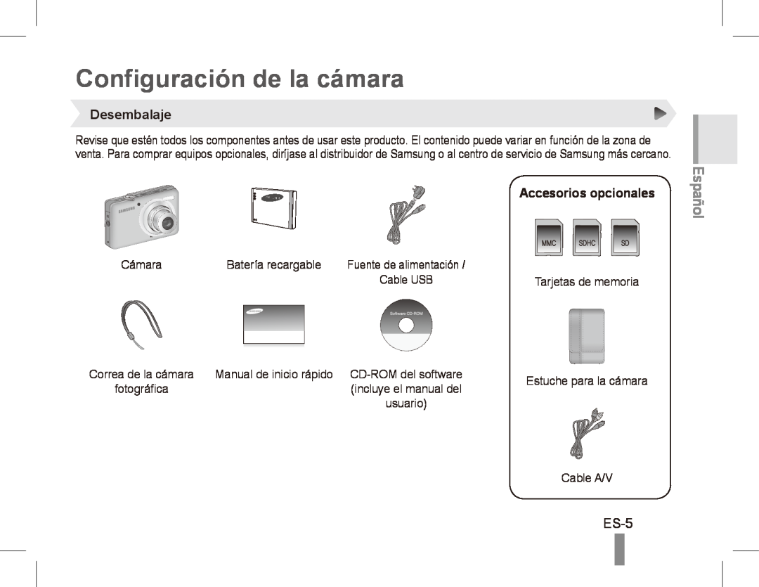 Samsung ST50 quick start manual Configuración de la cámara, ES-5, Desembalaje, Accesorios opcionales, Español 