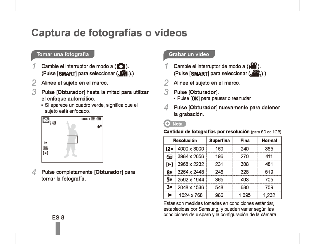 Samsung ST50 Captura de fotografías o vídeos, ES-8, Pulse, Alinee el sujeto en el marco, el enfoque automático, Nota, Fina 