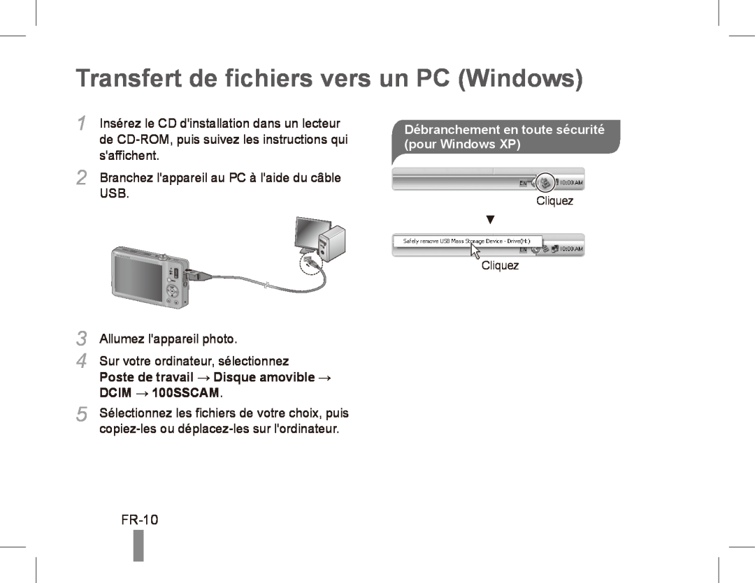 Samsung ST50 Transfert de fichiers vers un PC Windows, FR-10, saffichent, Débranchement en toute sécurité pour Windows XP 