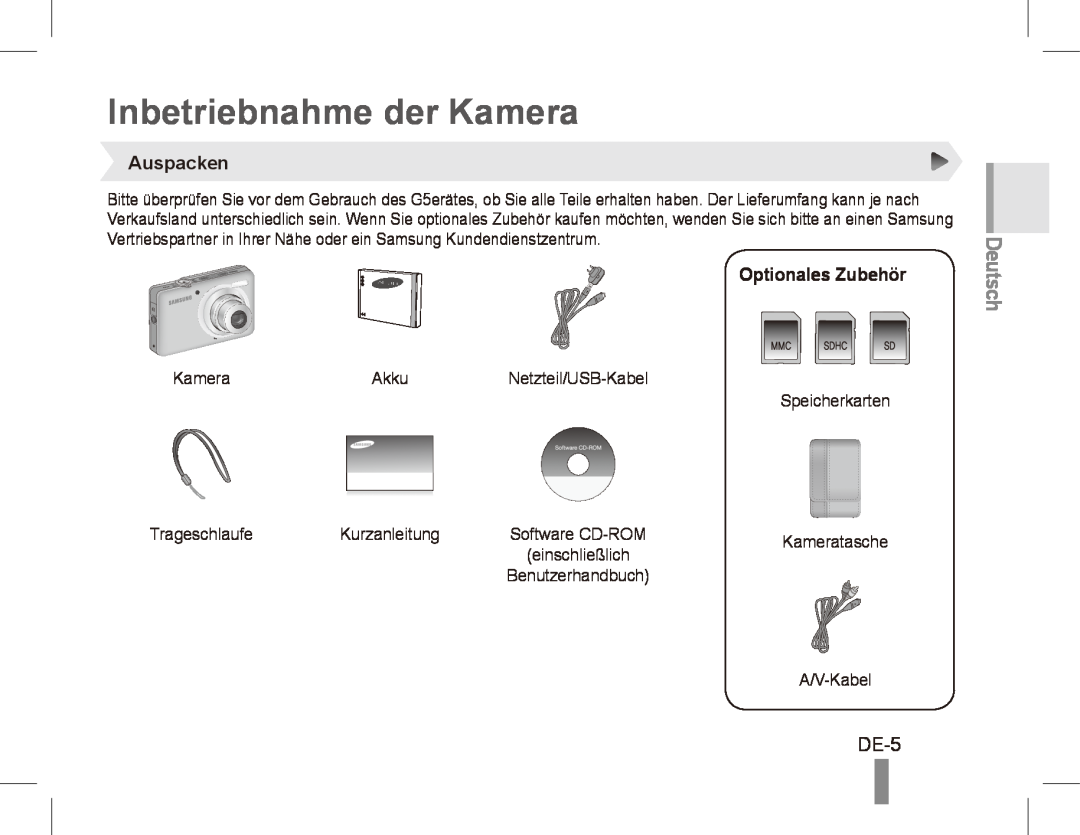 Samsung ST50 quick start manual Inbetriebnahme der Kamera, DE-5, Auspacken, Optionales Zubehör, Deutsch 