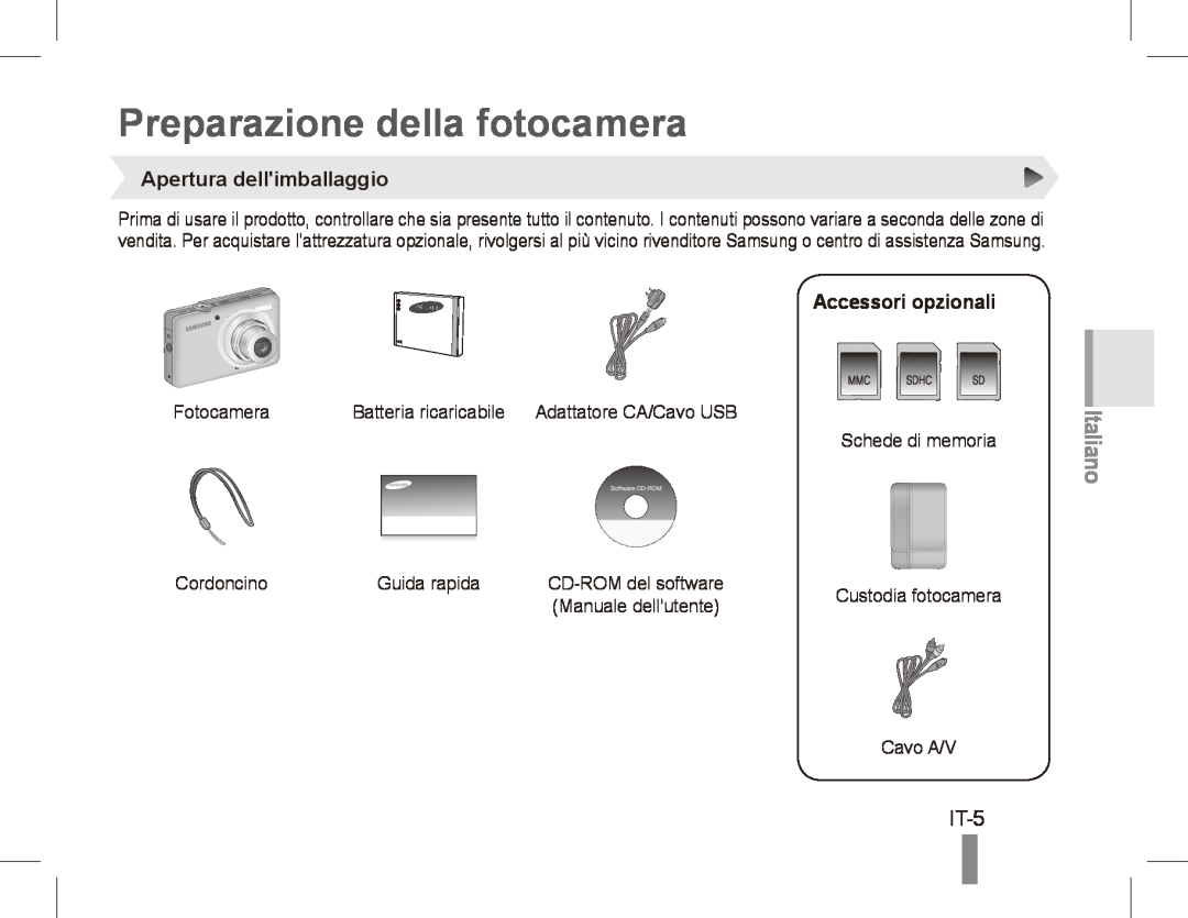 Samsung ST50 Preparazione della fotocamera, IT-5, Apertura dellimballaggio, Accessori opzionali, Italiano 