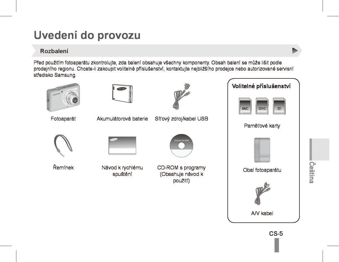 Samsung ST50 quick start manual Uvedení do provozu, CS-5, Rozbalení, Volitelné příslušenství, Čeština 