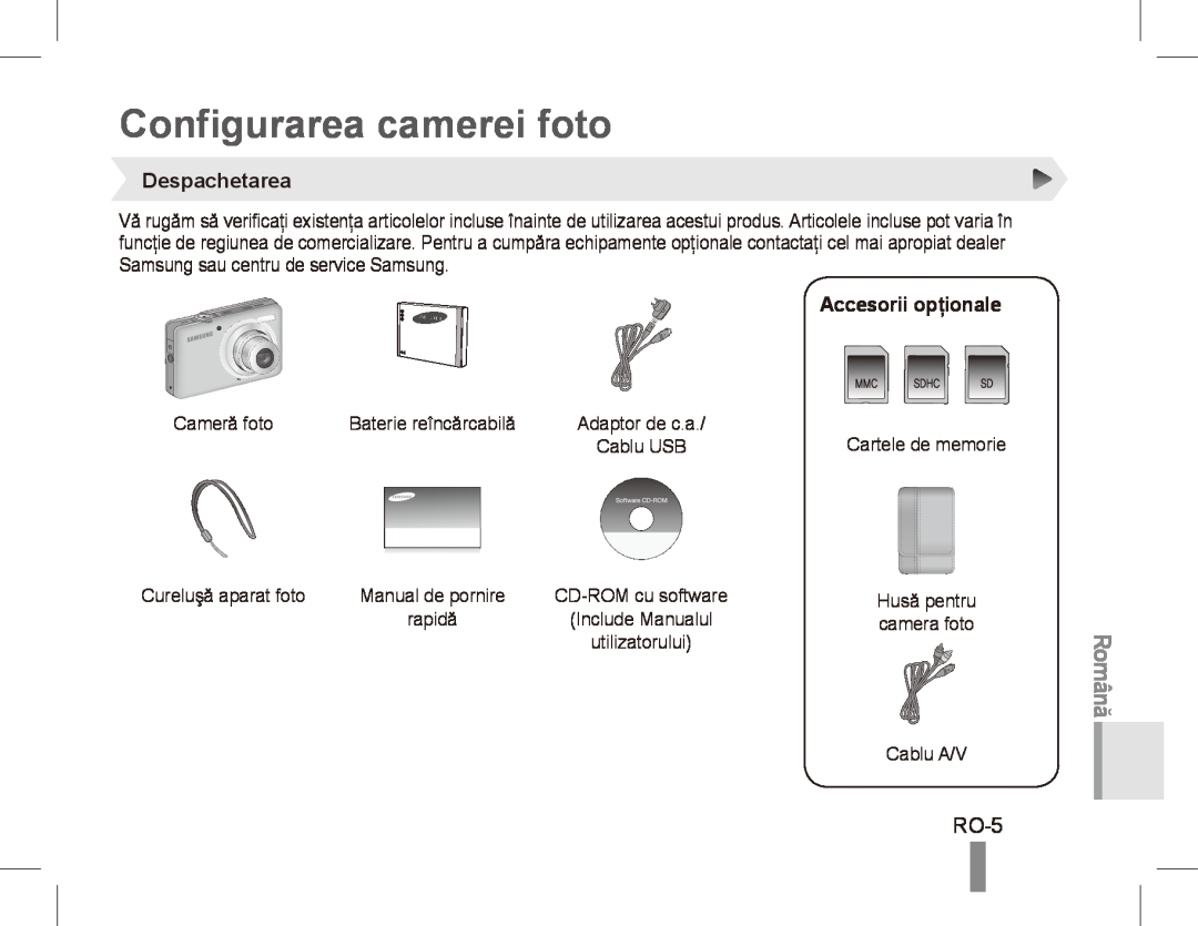 Samsung ST50 quick start manual Configurarea camerei foto, RO-5, Despachetarea, Accesorii opţionale, Română 