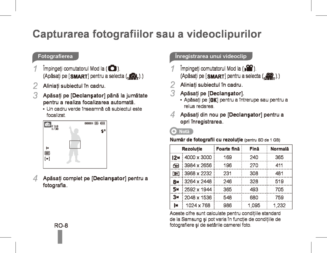 Samsung ST50 Capturarea fotografiilor sau a videoclipurilor, RO-8, pentru a selecta, Aliniaţi subiectul în cadru, Notă 