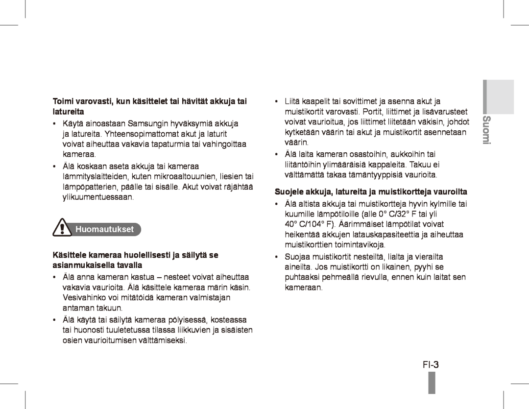 Samsung ST50 quick start manual Suomi, FI-3, Huomautukset 