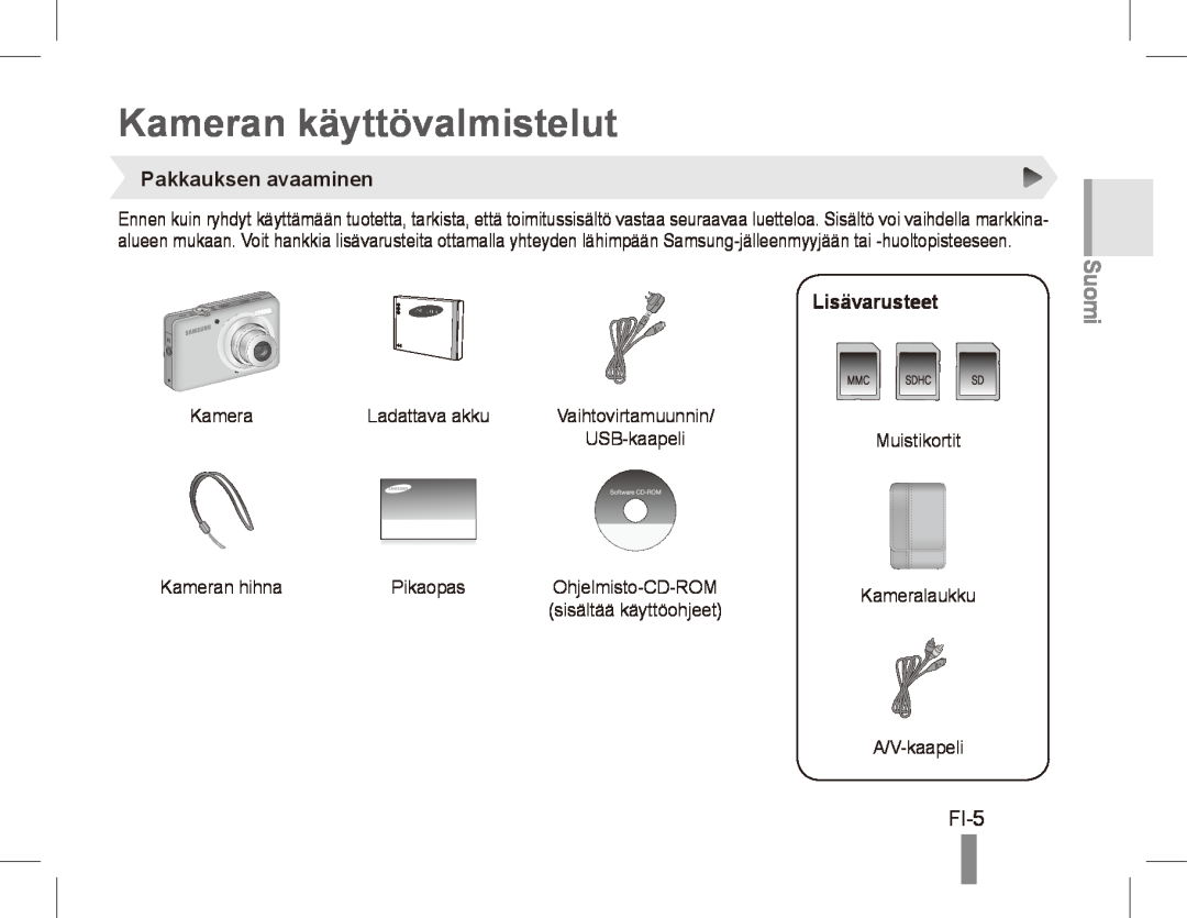 Samsung ST50 quick start manual Kameran käyttövalmistelut, FI-5, Pakkauksen avaaminen, Lisävarusteet, Suomi 